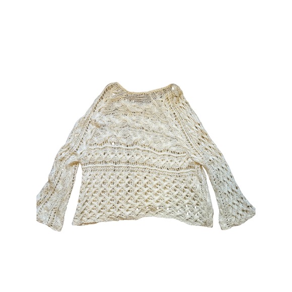 Free People Cream Cable Knit Sweater Ivory Boho Bell Sleeve Scoop Neck - Picture 6 of 10